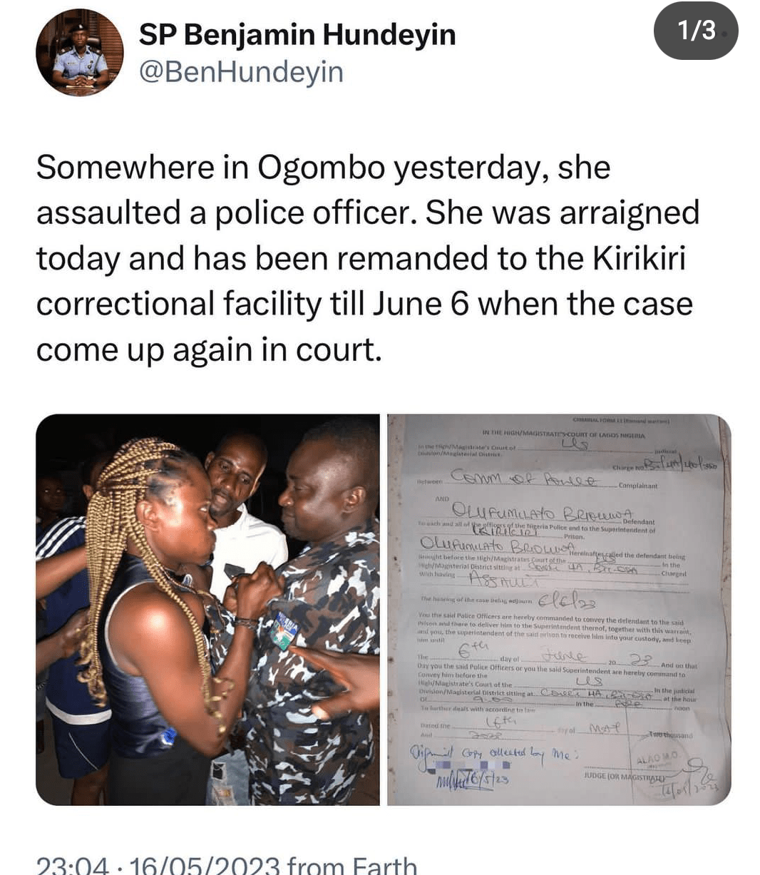 Lady Remanded In KiriKiri For Manhandling A Police Officer