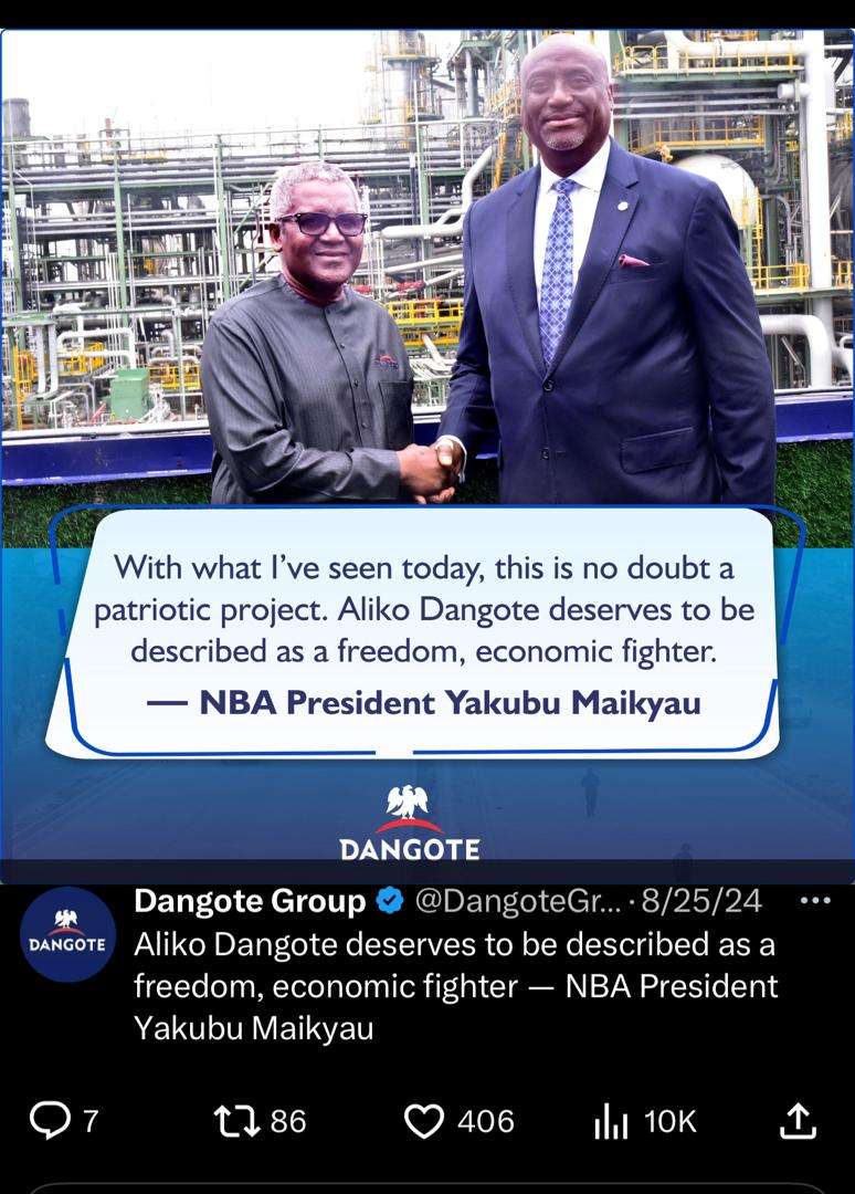 Former NBA President YC Maikyau, SAN Thanks President Tinubu For Enabling Environment At Dangote Refinery