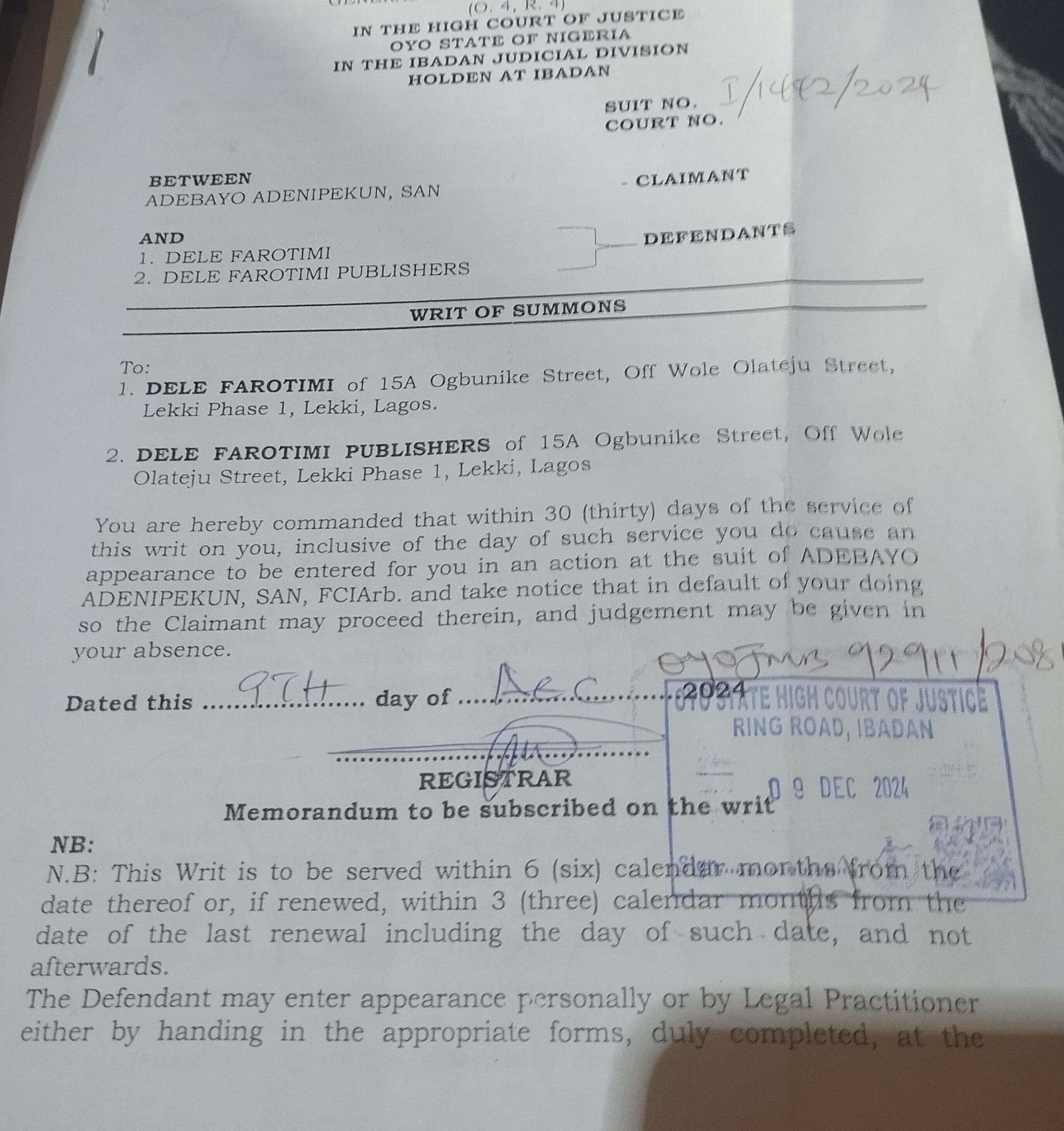 Adebayo Adenipekun, SAN Files Defamation Lawsuit Against Dele Farotimi In Oyo State High Court  