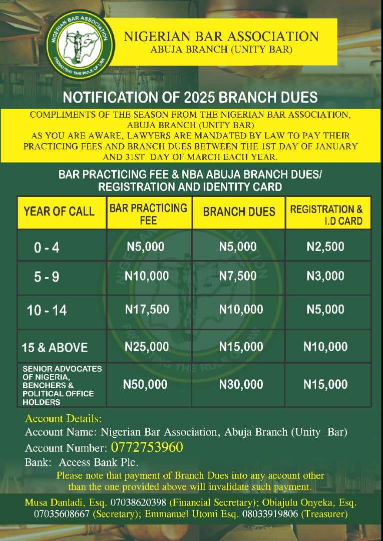 NBA Abuja Branch Announces Update On Payment Of 2025 Dues